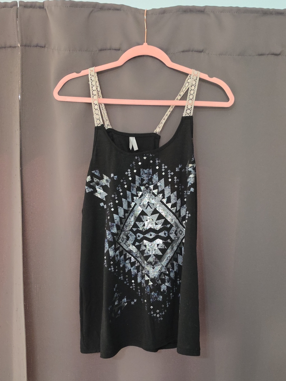 Vanity Black Tank Dress with Cream Lace Straps and Metallic Tribal Print